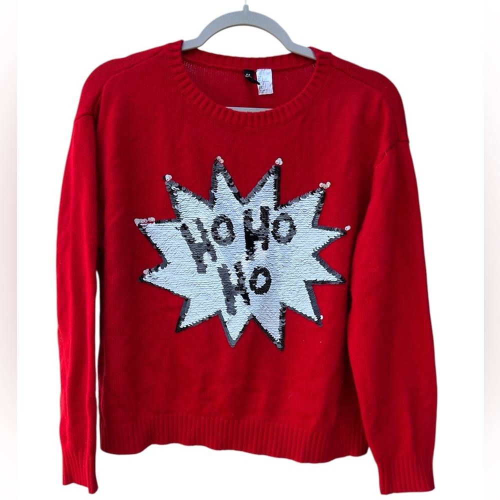 H&M Divided  Red / White & Black Sequin Christmas Sweater Women Size L